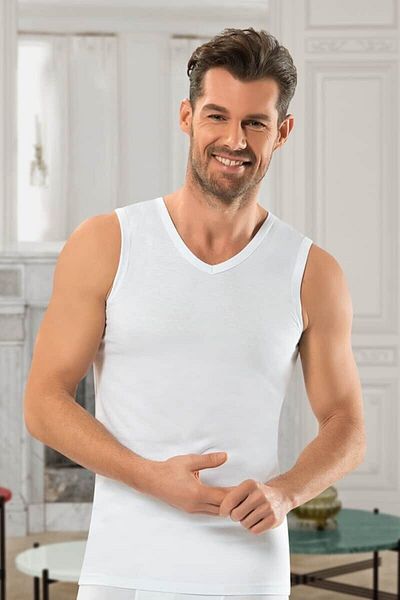 Jiber Men's 2-Piece White V-Neck Zero Sleeve Combed Cotton Undershirt