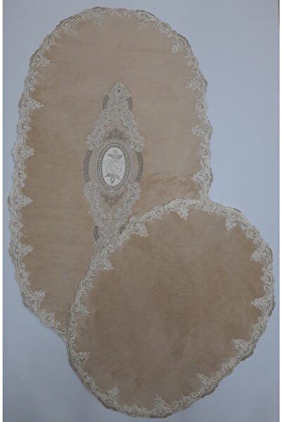 Çalışkan Çeyiz Evi Oval Fransız Dantelli Aplikli Banyo Paspas Seti - 2li Çeyi...