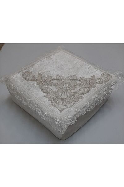 Çalışkan Çeyiz Evi Βελούδινο ύφασμα με σφουγγάρι πολλαπλών χρήσεων Κρέμα προίκας με γαλλική δαντέλα με κορδόνια 48x48x20cm