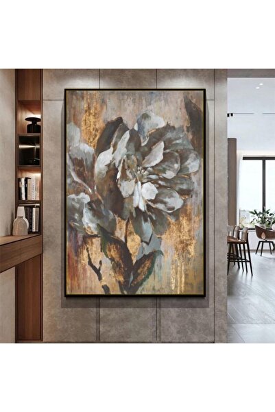 Markazip Siyah Metal Çerçeveli Kahve Gri Çiçek Kanvas Tablo 70x100cm Kod: Sn0421-k2-s