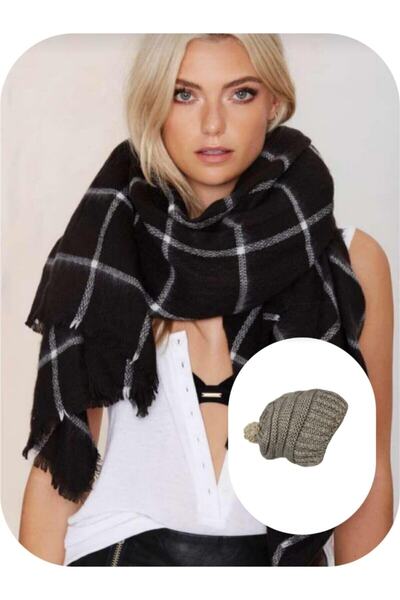 sema aksesuar Black and White Striped Scarf and Beige Beret Set Valentine's D...