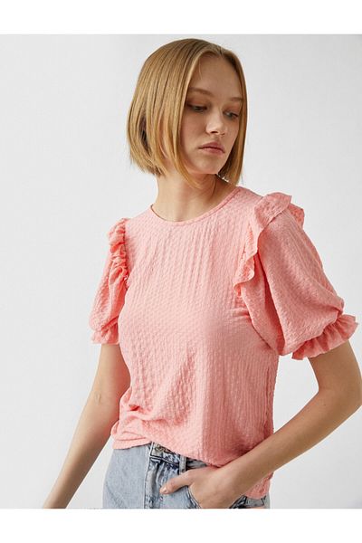 Koton Balloon Sleeve Crew Neck Ruffle Blouse