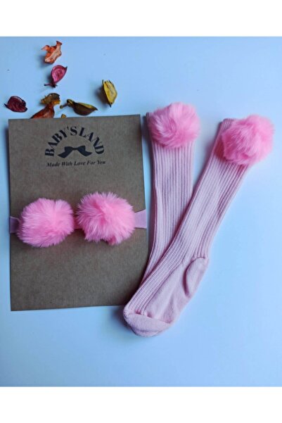 Babyland Baby Girl/Child Sweet Pink Pompom Rubber Bandana And Pink Pompom Socks