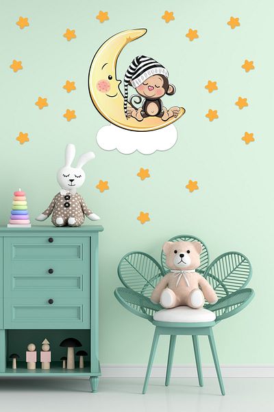 Tilki Dünyası Sleeping Monkey, Star, Cloud Kids Room Deco Wall Sticker
