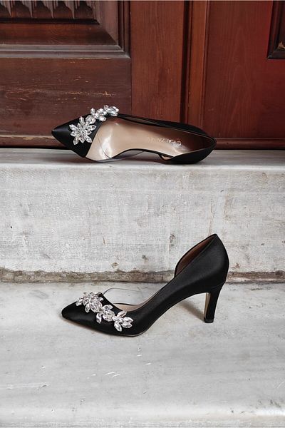 LA CALZATURE Satin Negru 7cm Toc Side Transparent Accesoriu Steaua Rochie De Seara Stiletto Pantofi Dama
