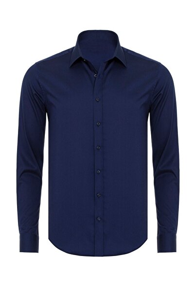 R-Germen Men's Navy Blue Matte Satin Cotton Slim Fit Shirt