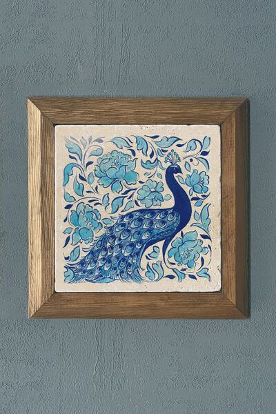 Oscar Stone Decor Masif Çerçeveli Doğaltaş Tablo Pano 28x28 Cm Mavi Tavus Kuş...