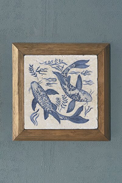 Oscar Stone Decor Masif Çerçeveli Doğaltaş Tablo Pano 28x28 Cm Mavi Balıklar ...