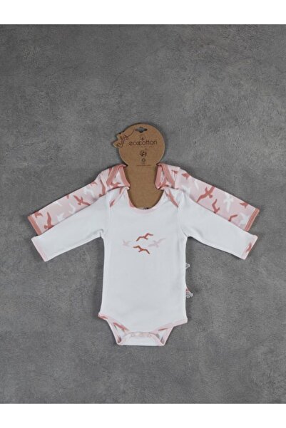 Ecocotton Unisex Bebek Beyaz ve Turkuaz Turna Desenli Uzun Kollu 2li Zıbın Se...