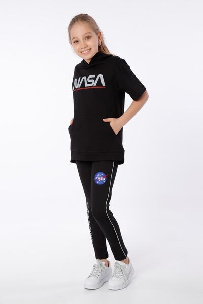 Black One Tricou pentru fetiță, cu glugă, imprimat Nasa, cu detaliu de broderie