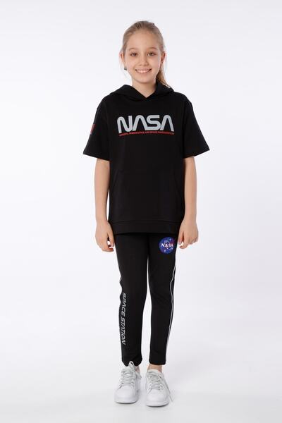 Black One Tricou pentru fetiță, cu glugă, imprimat Nasa, cu detaliu de broderie