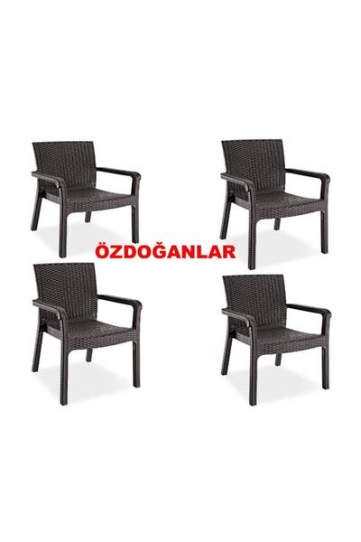 Holiday Markiz Kollu Rattan Koltuk Sandalye Bahçe 4 Adet Kahverengi