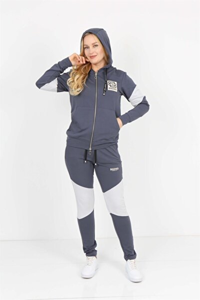 Banadamoda Синьо-бял двуцветен спортен комплект с качулка, цип и джобове