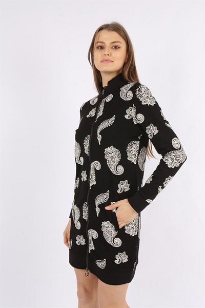 Banadamoda Black Patterned Long Sleeve Tunic with Zipper Pockets