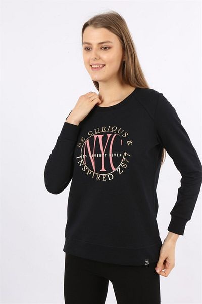 Banadamoda Navy Blue Long Sleeve Printed Sweatshirt