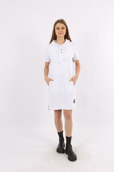 Banadamoda White Hooded Short Sleeve Tunic Dress with Snap Detail