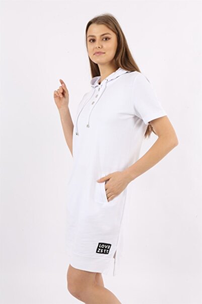 Banadamoda Біла туніка з капюшоном, короткими рукавами та застібками