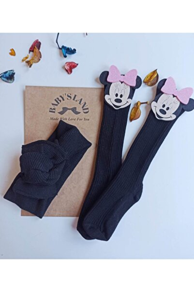 Babyland Baby Girl/socks Black Ribbed Bandana And Pink Mickey Black Socks Set...