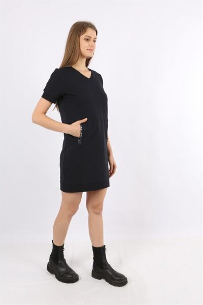 Banadamoda Μπλε ναυτικό κοντομάνικο φόρεμα με τσέπες V λαιμόκοψη