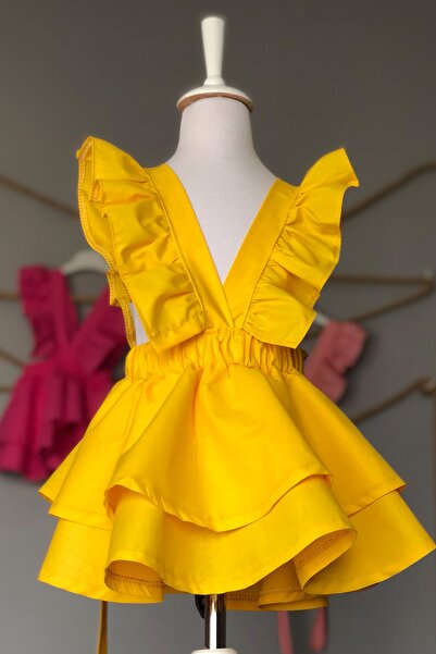 Cool and Shark Çocuk Sarı Fırfır Askılı Elbise