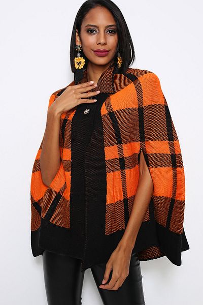 AVORWE Half Shirt Collar Square Pattern Two Button Orange Knitwear Poncho