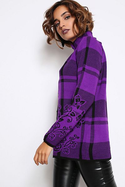 AVORWE Floral Patterned Buttoned Purple Knitwear Poncho