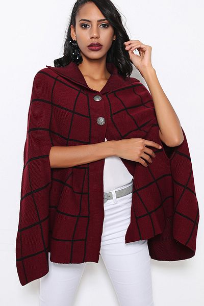 AVORWE Shirt Collar Buttoned Claret Red Knitwear Poncho
