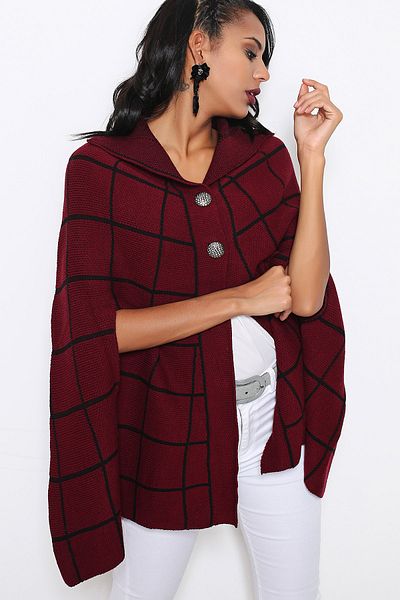 AVORWE Shirt Collar Buttoned Claret Red Knitwear Poncho