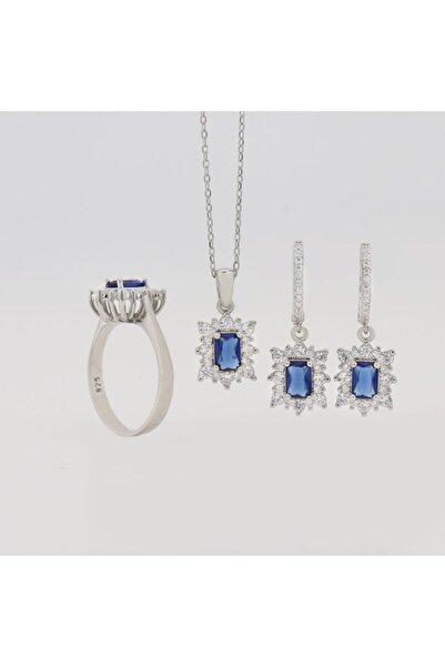 Silveranka 925 Ayar Gümüş Safir Baget Taşlı Anturaj Set