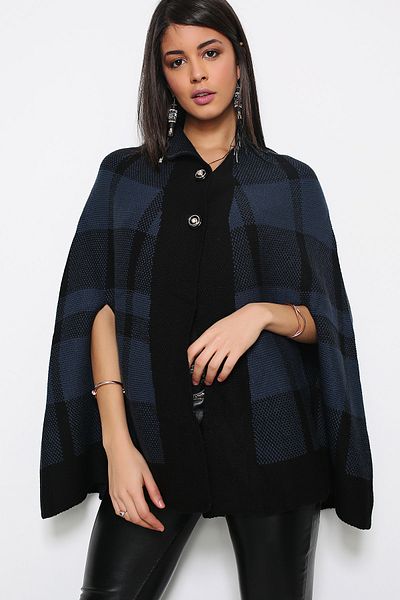 AVORWE Half Shirt Collar Square Pattern Two Button Indigo Knitwear Poncho