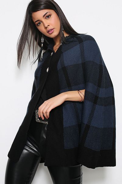AVORWE Half Shirt Collar Square Pattern Two Button Indigo Knitwear Poncho