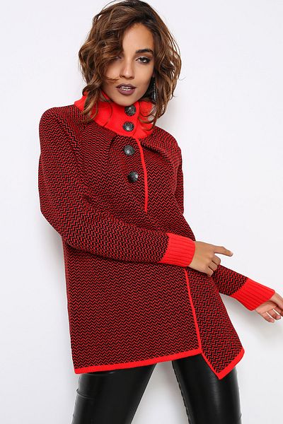 AVORWE Turtleneck Button Detail Red Knitwear Poncho