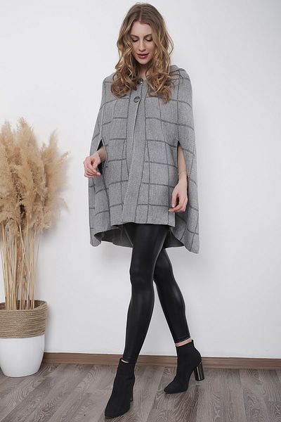 AVORWE Square Pattern Hooded Button Detail Gray Knitwear Poncho