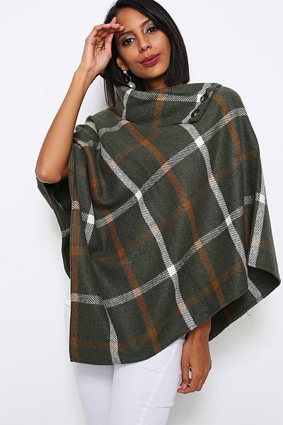 AVORWE Shawl Collar Sleeveless Khaki Knitwear Poncho