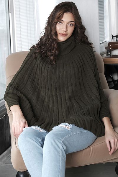 AVORWE Khaki Knitwear Poncho with Bat Sleeve Detail