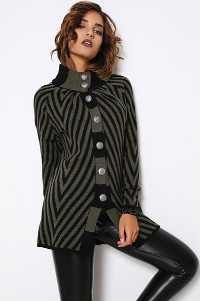 AVORWE Zigzag Patterned Khaki Knitwear Poncho with Sleeves