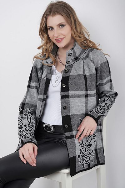 AVORWE Flower Patterned Buttoned Gray Knitwear Poncho