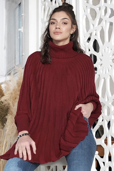 AVORWE Claret Red Knitwear Poncho with Bat Sleeve Detail