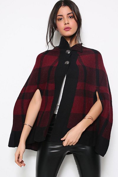 AVORWE Half Shirt Collar Square Pattern Two Button Burgundy Knitwear Poncho