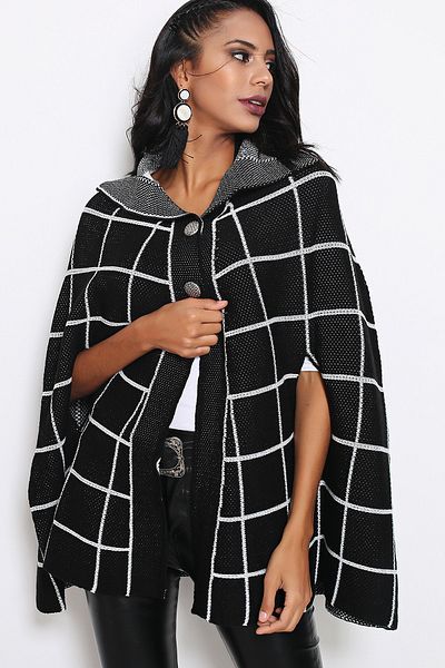 AVORWE Shirt Collar Buttoned Black Knitwear Poncho