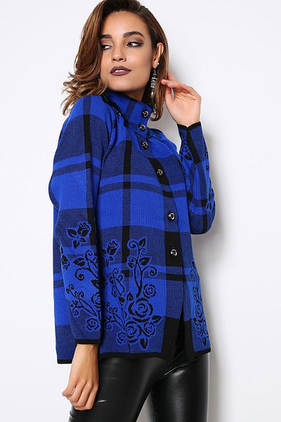 AVORWE Flower Patterned Buttoned Saks Blue Knitwear Poncho