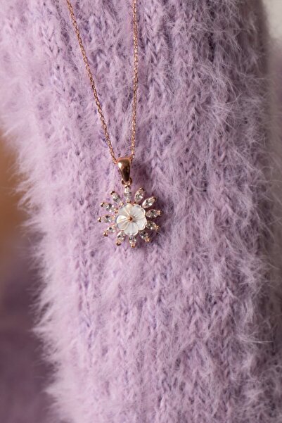 Eva Jewelry Yuvarlak Manolya Taşlı 14k Rose Gold Kaplama Kadın Kolye