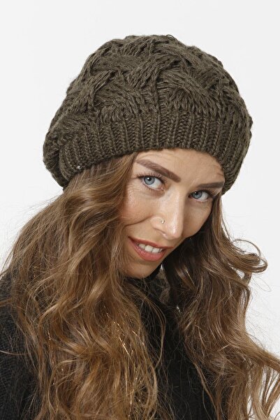 FATELLA Women's 4basket Knit Lined Solid Color Knitwear Beret Khaki Green