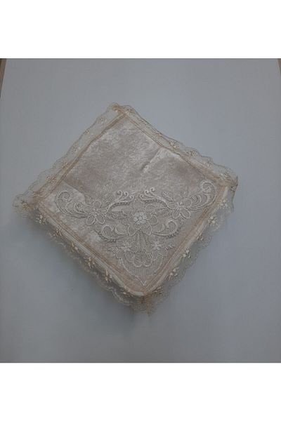 Çalışkan Çeyiz Evi Βελούδινο ύφασμα με σφουγγάρι Yemeni Hurç Γαλλικό δαντέλα με κορδόνια Yemeni Hurç Cappucino 36x36x18cm