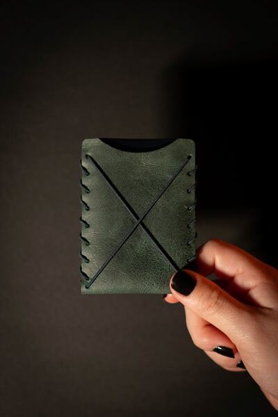 minimal X design Unisex Green Leather Card Holder