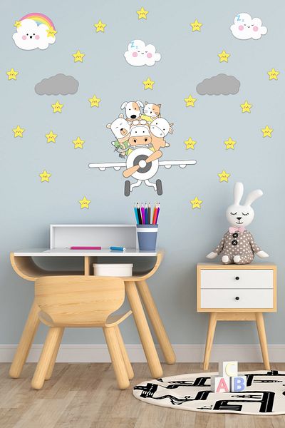 Tilki Dünyası Cute Animals on the Plane, Cute Clouds, Yellow Stars Deco Kids Room Wall Sticker