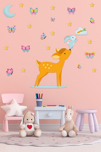 Tilki Dünyası Baby Gazelle, Baby Rabbit and Colorful Butterflies Deco Kids Room Wall Sticker