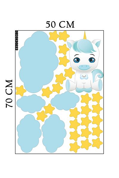Tilki Dünyası Cute Unicorn on Blue Cloud 2 Clouds and Yellow Stars Deco Kids Room Wall Sticker