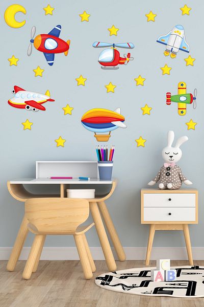 Tilki Dünyası Aircraft, Balloon, Rockets, Helicopter, Planes Deco Kids Room Wall Sticker