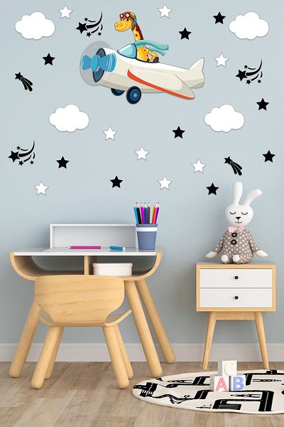 Tilki Dünyası Giraffe Flying Airplane, Stars, White Clouds Deco Kids Room Wall Sticker